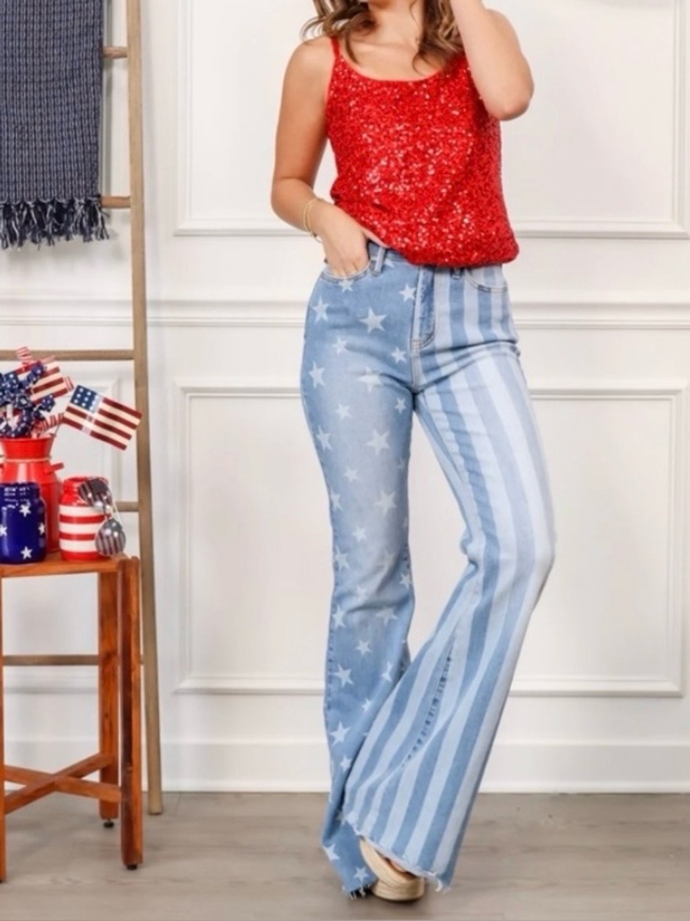 🟠NWT JUDY BLUE Stars and Stripes High Rise Raw Hem Jeans 16W